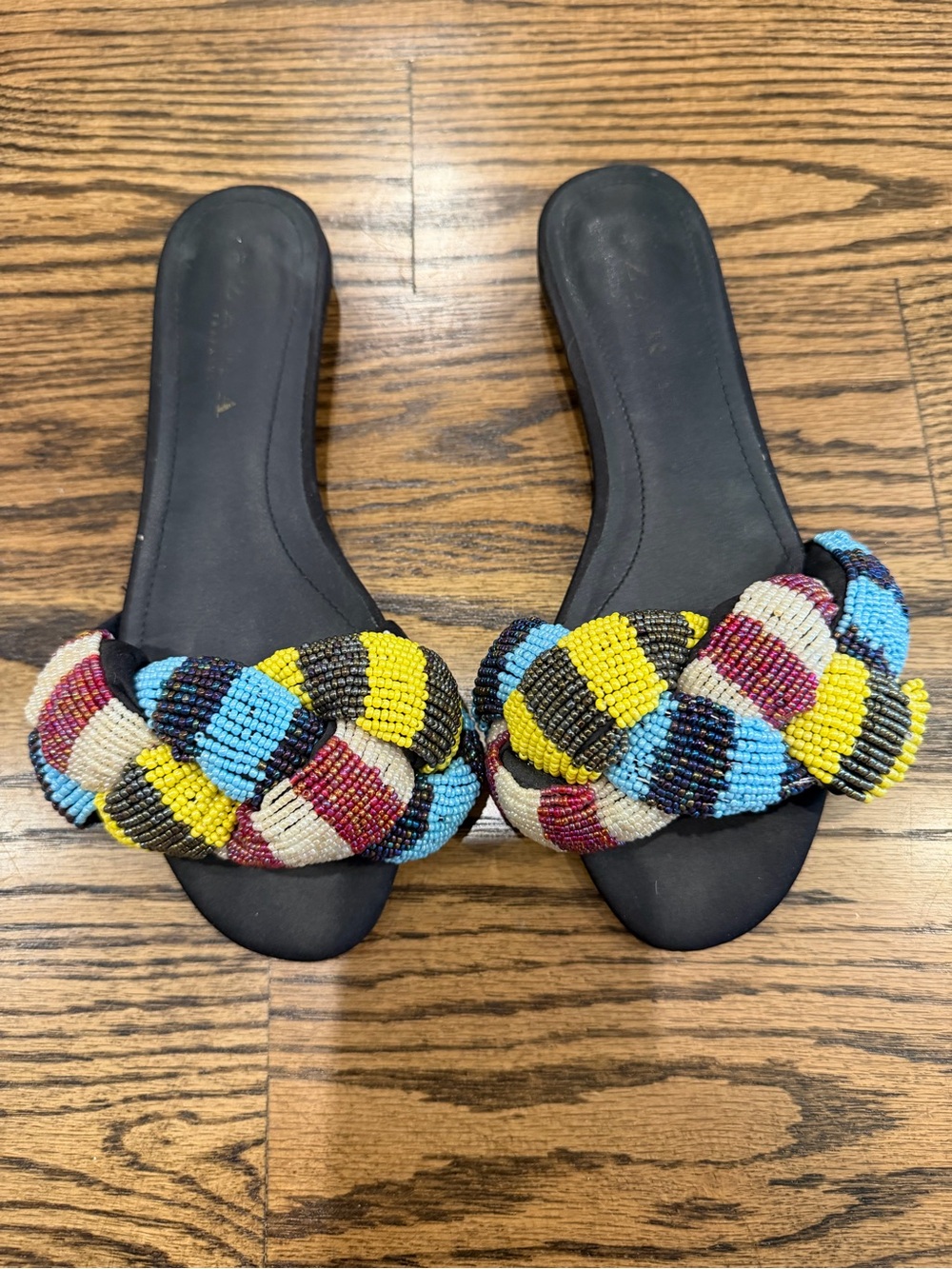 Zara Black Slide Sandals with Multicolor Beaded Braid